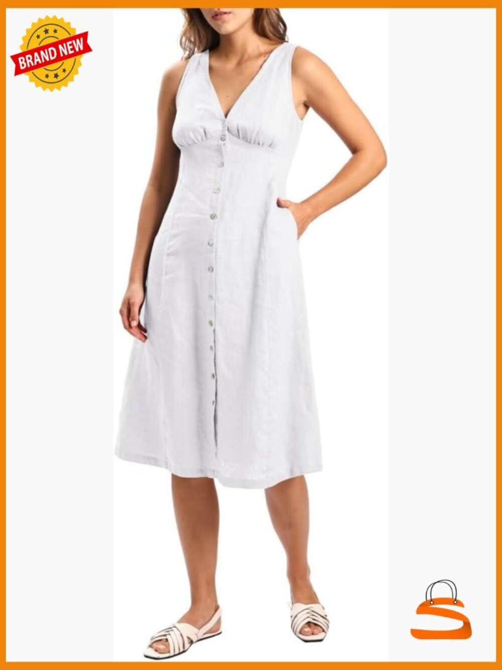 100% Linen V Neck Sleeveless Button Down Midi Dress with Pockets